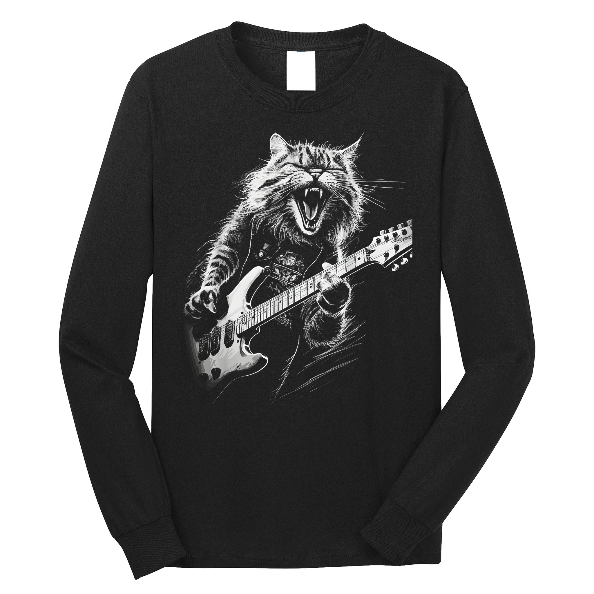Rock Cat Playing Guitar Funny Guitar Cat Long Sleeve Shirt