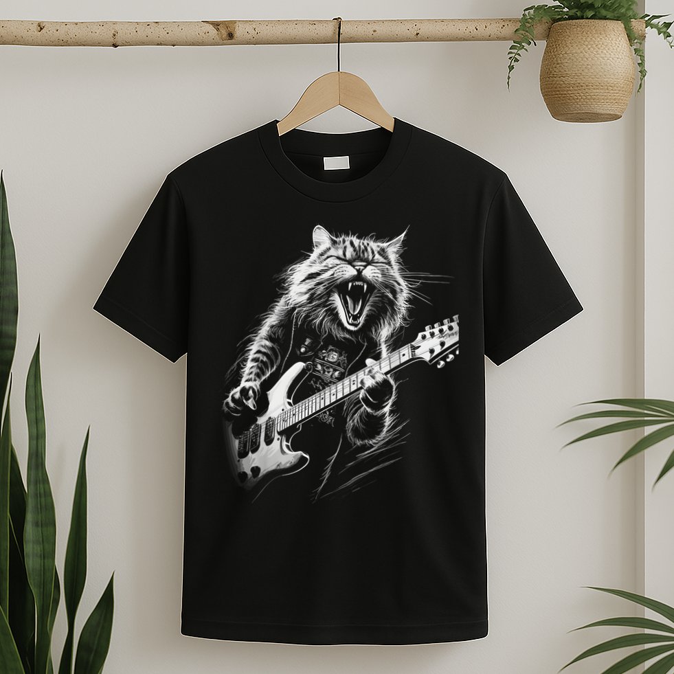 Rock Cat Playing Guitar Funny Guitar Cat T-Shirt