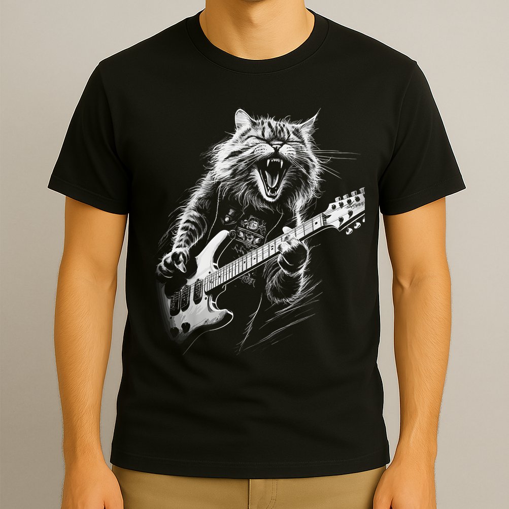 Rock Cat Playing Guitar Funny Guitar Cat T-Shirt
