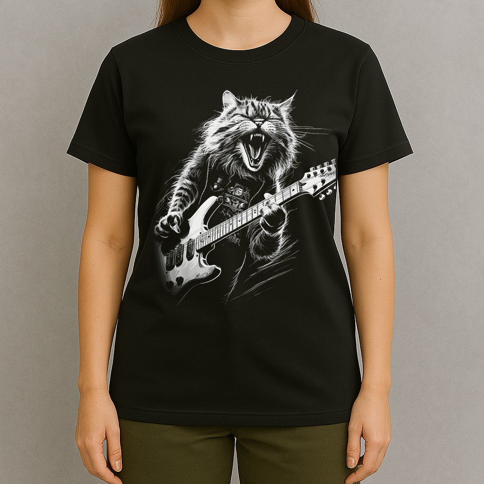 Rock Cat Playing Guitar Funny Guitar Cat T-Shirt