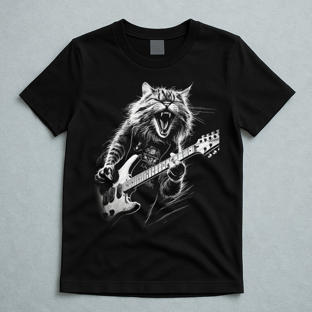 Rock Cat Playing Guitar Funny Guitar Cat T-Shirt