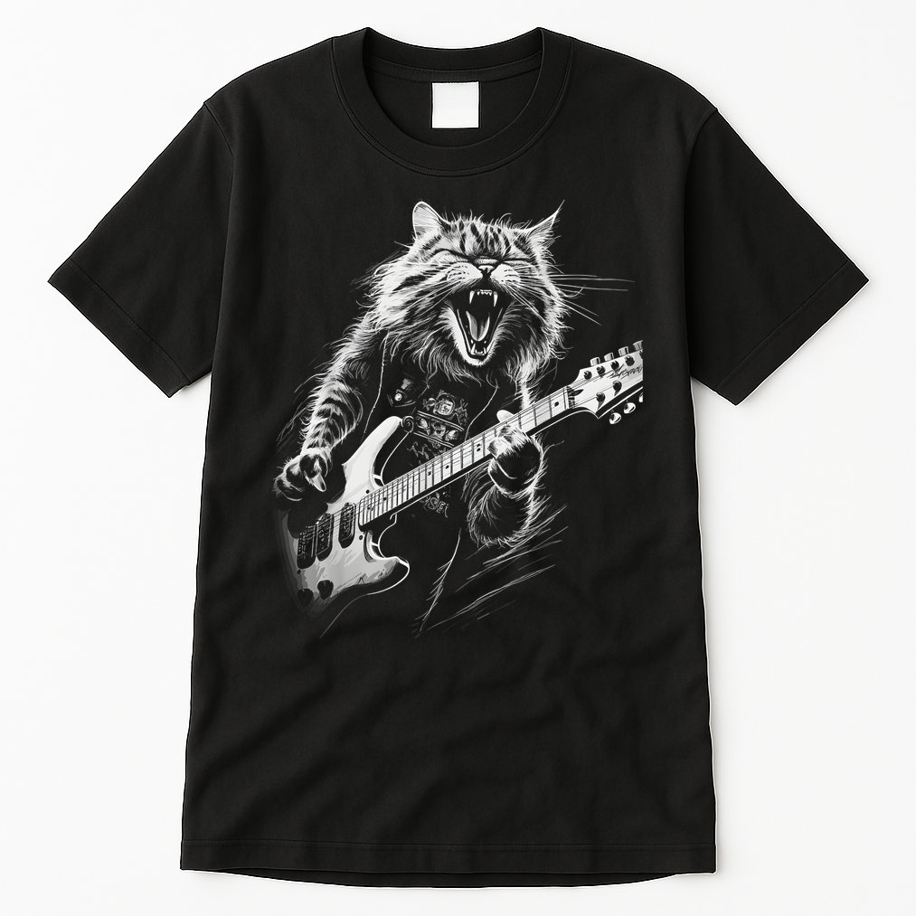 Rock Cat Playing Guitar Funny Guitar Cat Tall T-Shirt