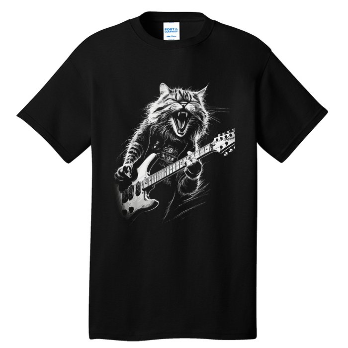 Rock Cat Playing Guitar Funny Guitar Cat Tall T-Shirt