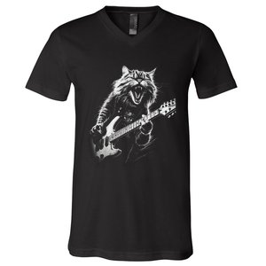 Rock Cat Playing Guitar Funny Guitar Cat V-Neck T-Shirt