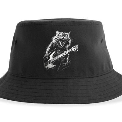 Rock Cat Playing Guitar Funny Guitar Cat Sustainable Bucket Hat