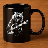 Rock Cat Playing Guitar Funny Guitar Cat 11oz C Handle Ceramic Mug
