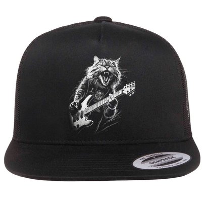 Rock Cat Playing Guitar Funny Guitar Cat Flat Bill Trucker Hat