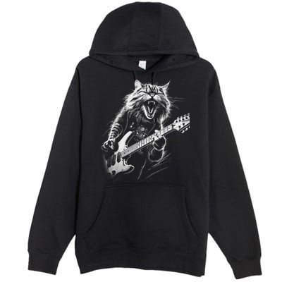 Rock Cat Playing Guitar Funny Guitar Cat Premium Pullover Hoodie