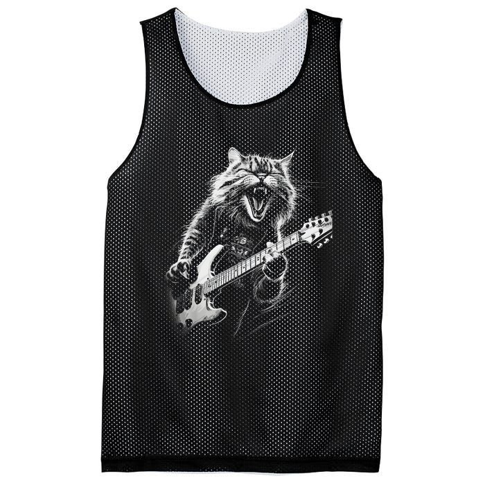 Rock Cat Playing Guitar Funny Guitar Cat Mesh Reversible Basketball Jersey Tank