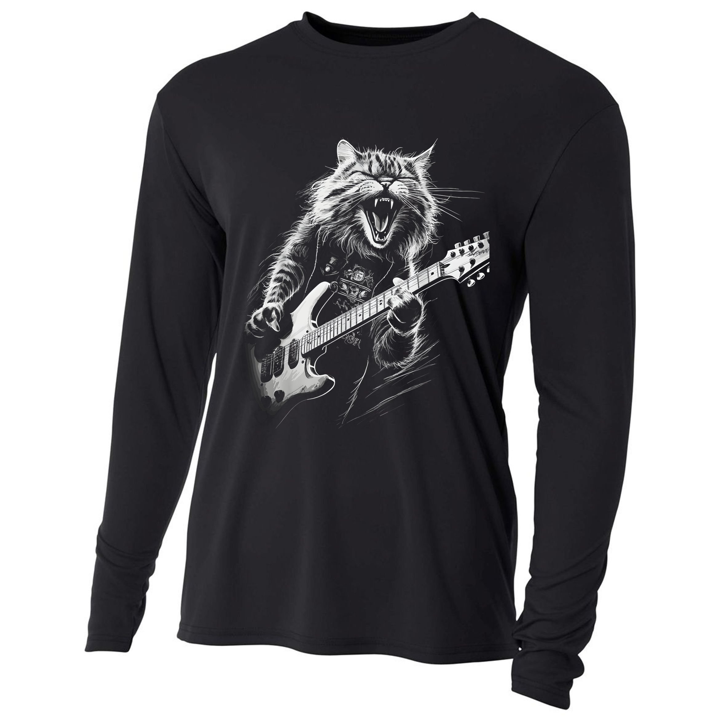 Rock Cat Playing Guitar Funny Guitar Cat Cooling Performance Long Sleeve Crew