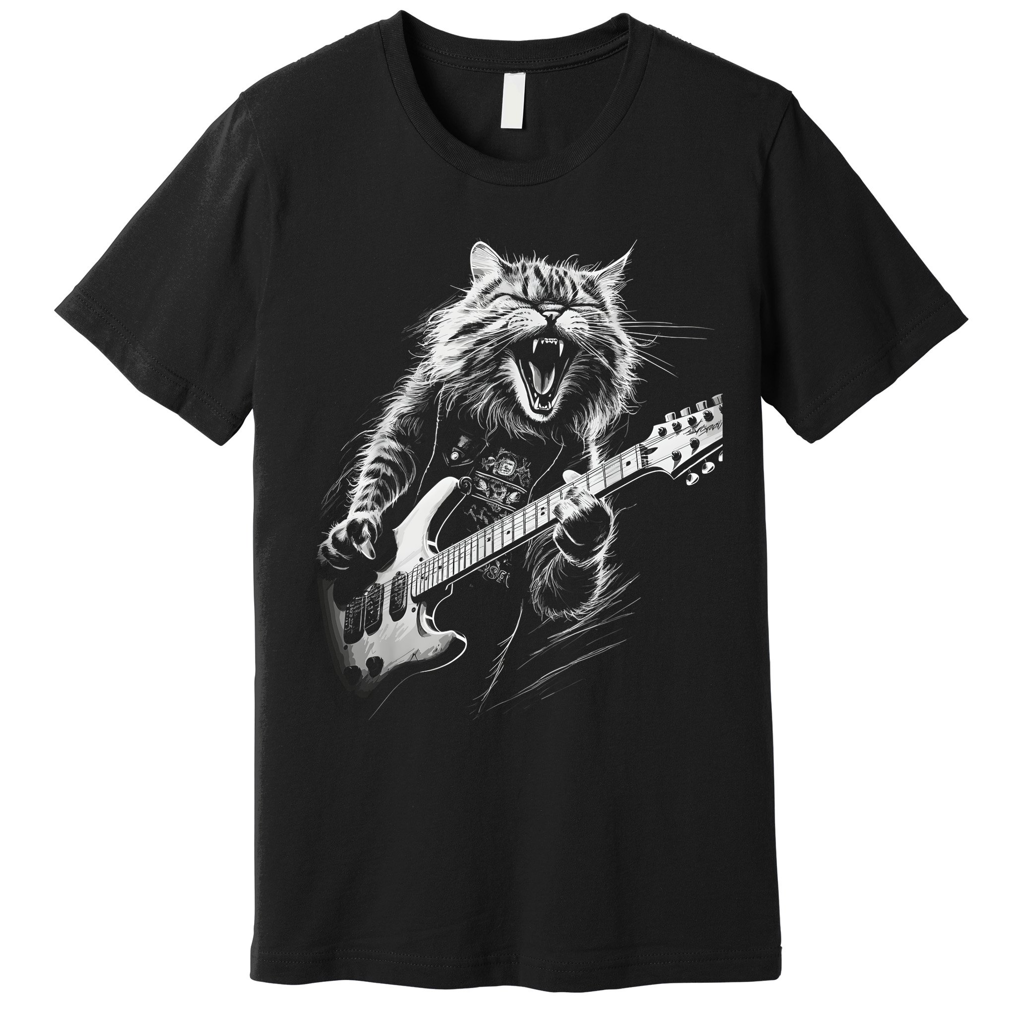 Rock Cat Playing Guitar Funny Guitar Cat Premium T-Shirt