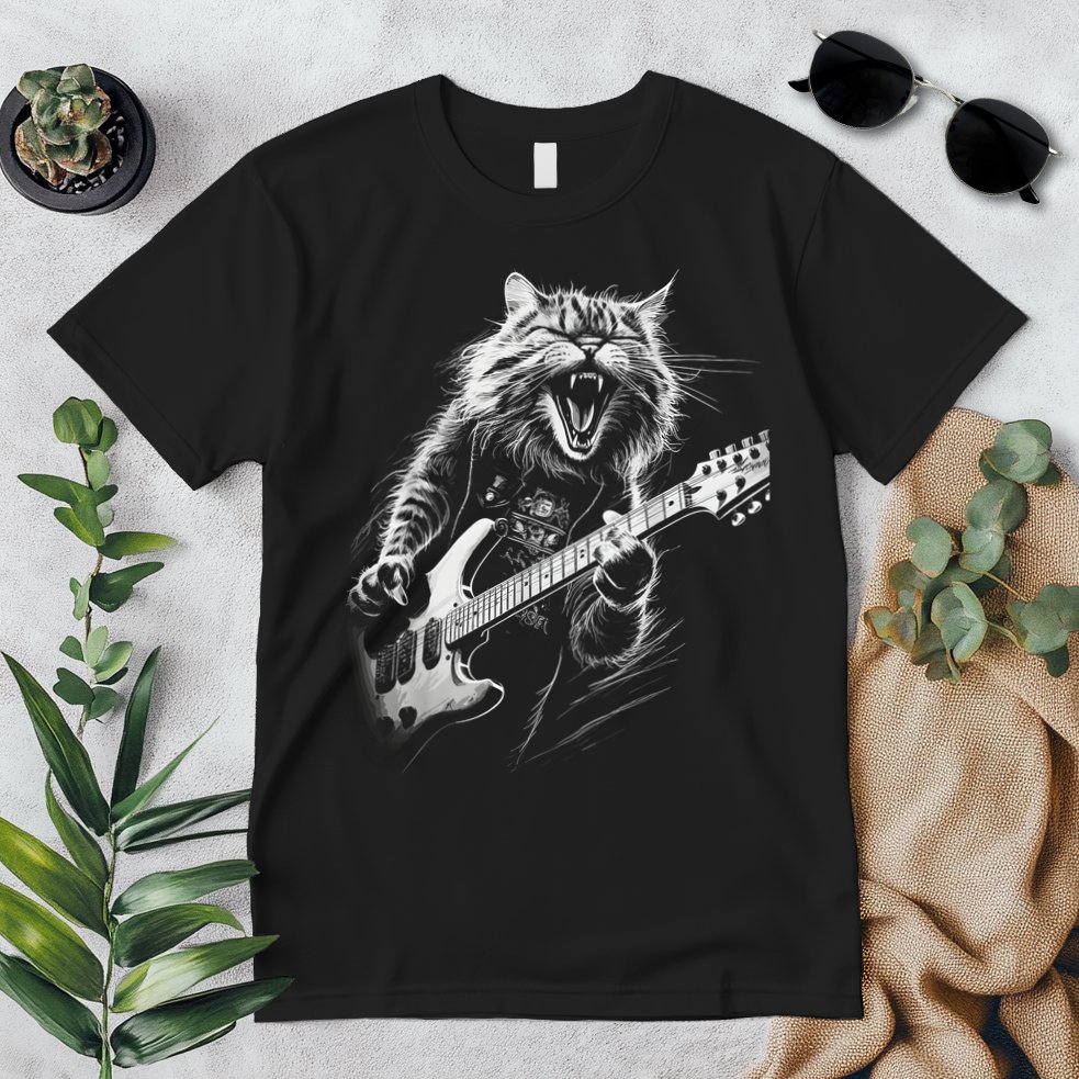 Rock Cat Playing Guitar Funny Guitar Cat Premium T-Shirt