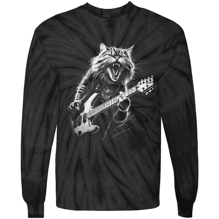 Rock Cat Playing Guitar Funny Guitar Cat Tie-Dye Long Sleeve Shirt