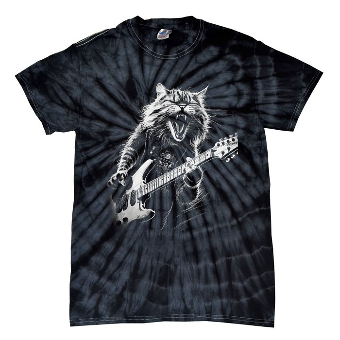 Rock Cat Playing Guitar Funny Guitar Cat Tie-Dye T-Shirt