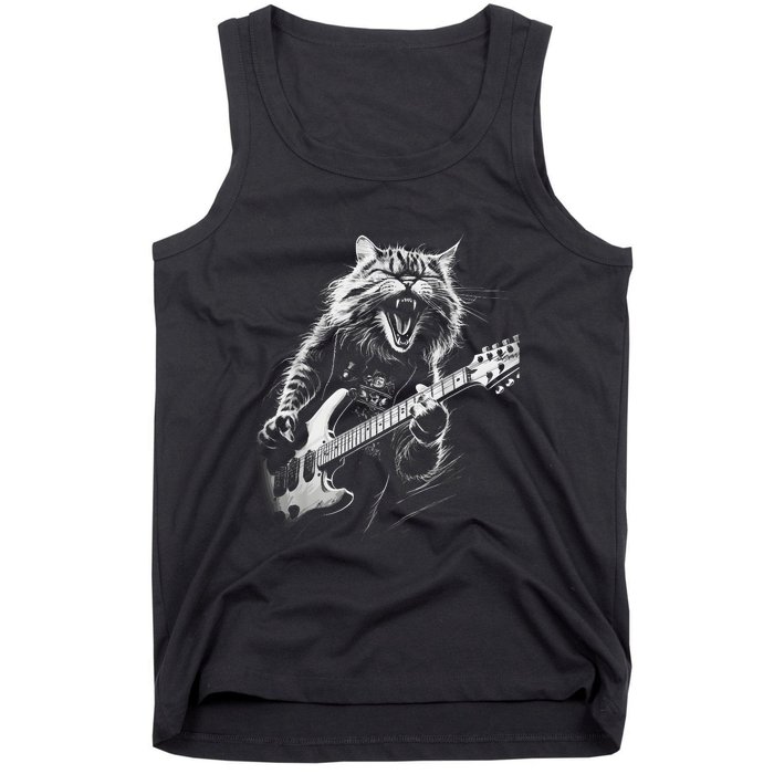 Rock Cat Playing Guitar Funny Guitar Cat Tank Top