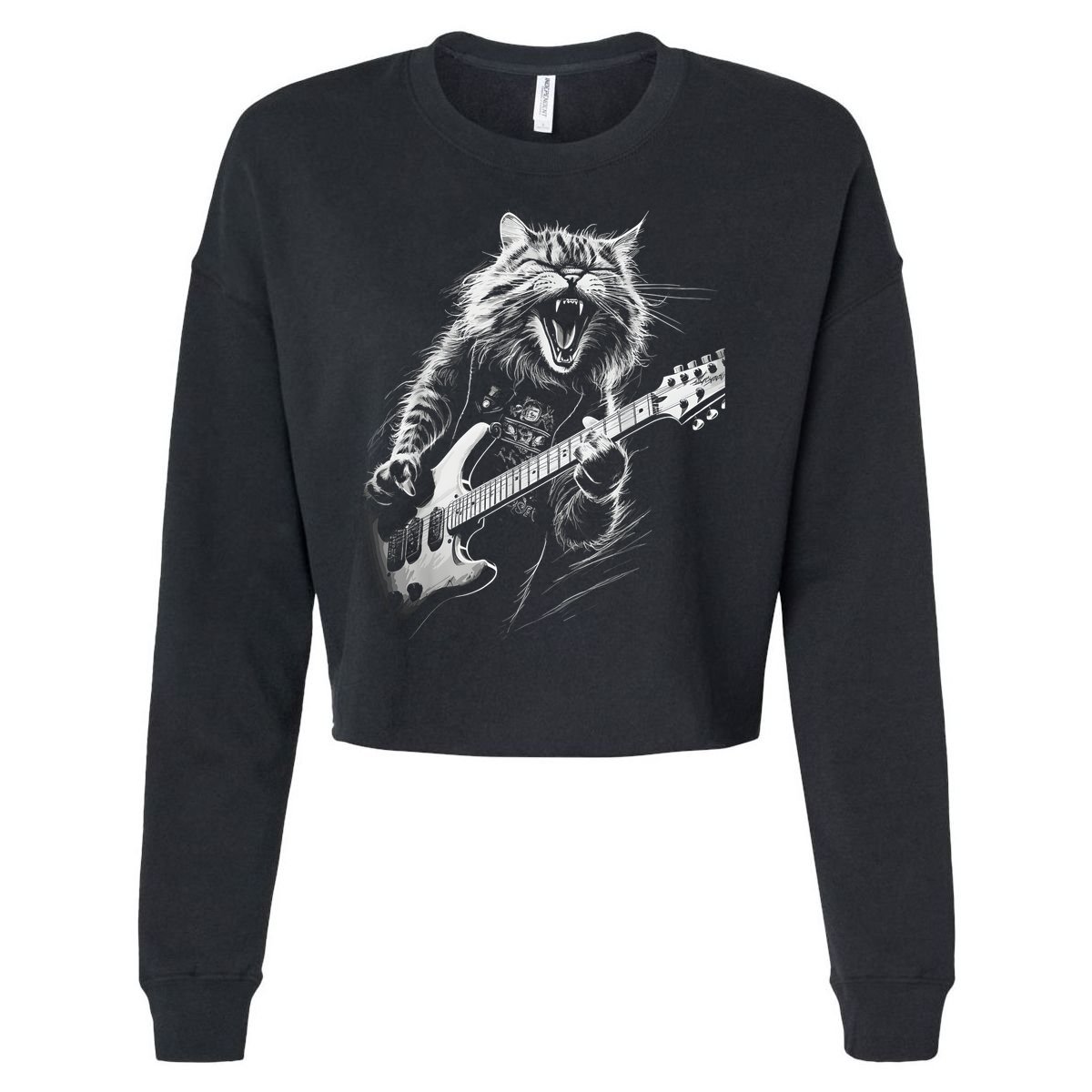 Rock Cat Playing Guitar Funny Guitar Cat Cropped Pullover Crew