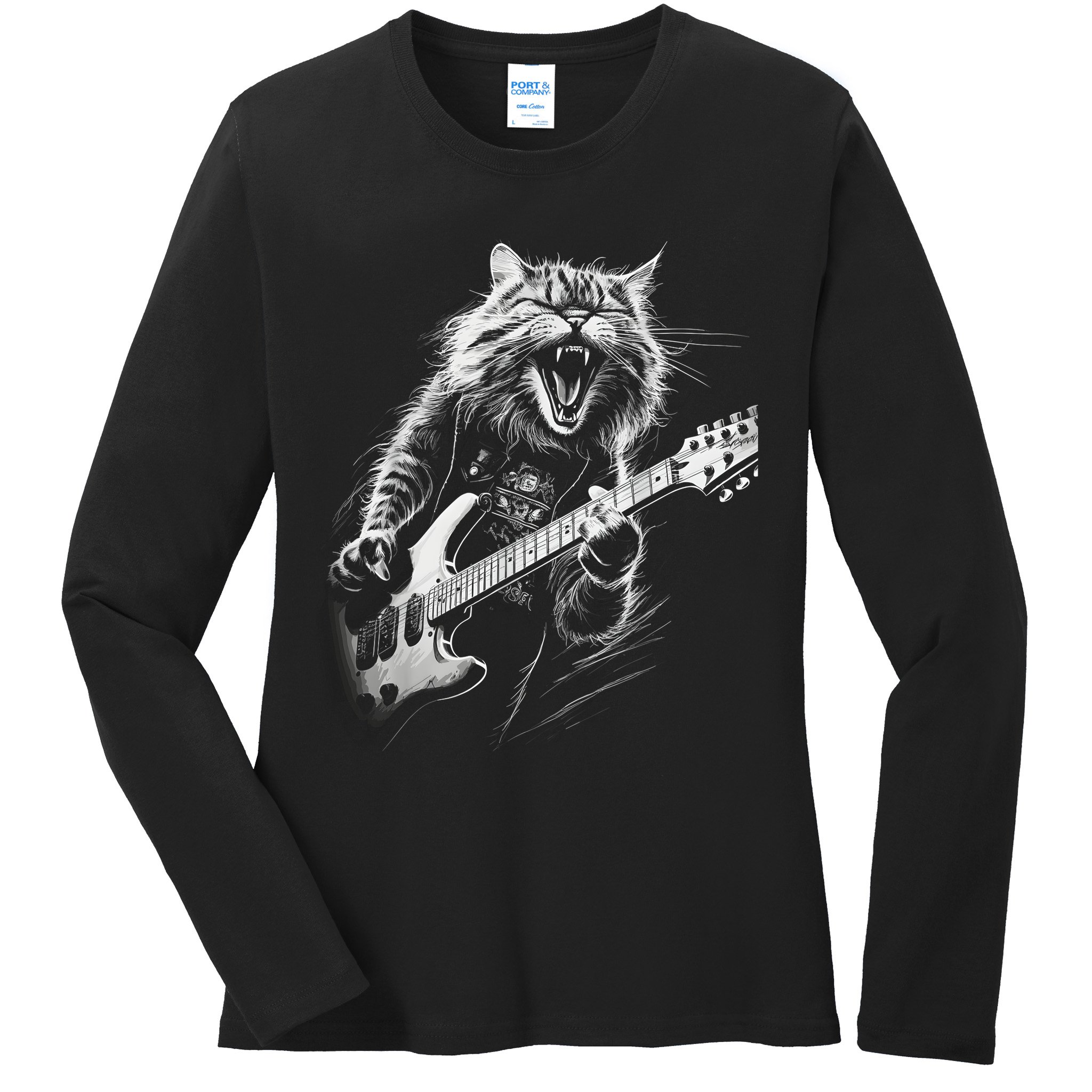 Rock Cat Playing Guitar Funny Guitar Cat Ladies Long Sleeve Shirt