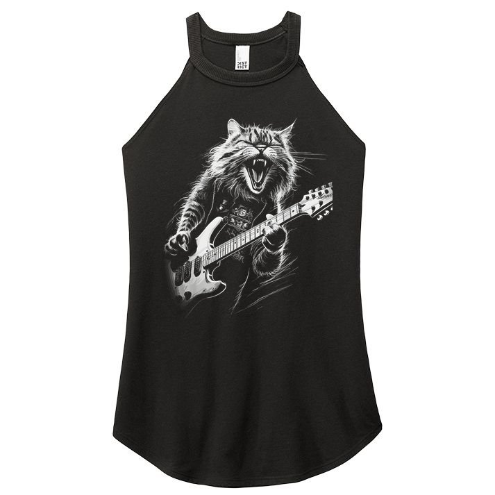 Rock Cat Playing Guitar Funny Guitar Cat Women's Perfect Tri Rocker Tank