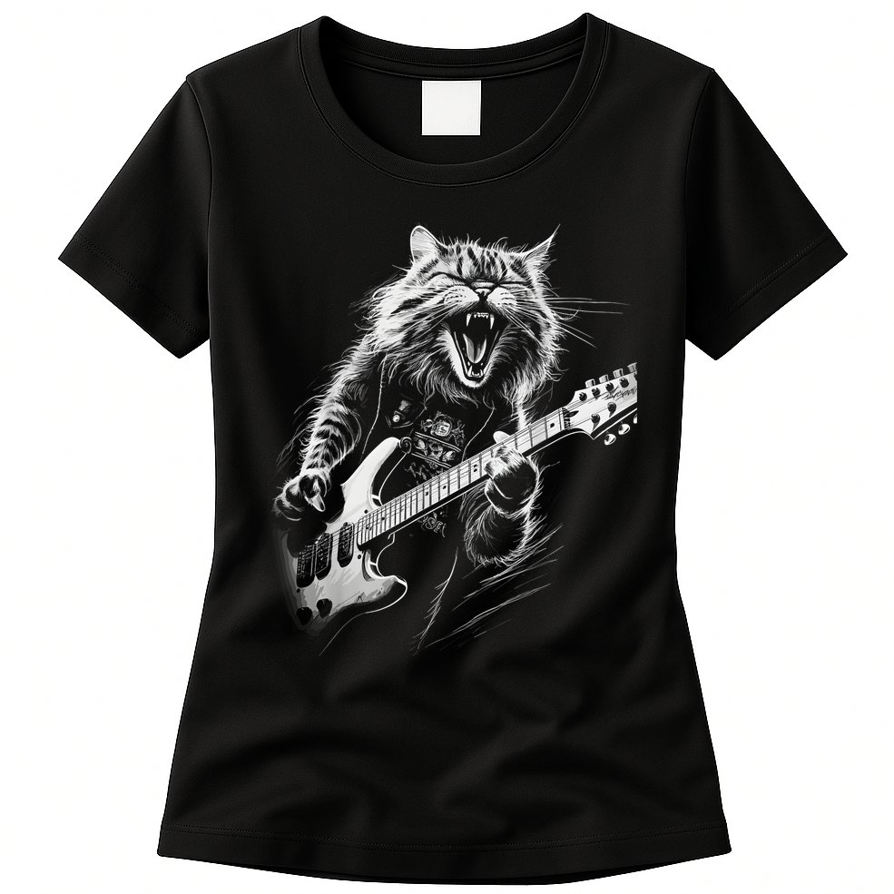 Rock Cat Playing Guitar Funny Guitar Cat Womens T-Shirt