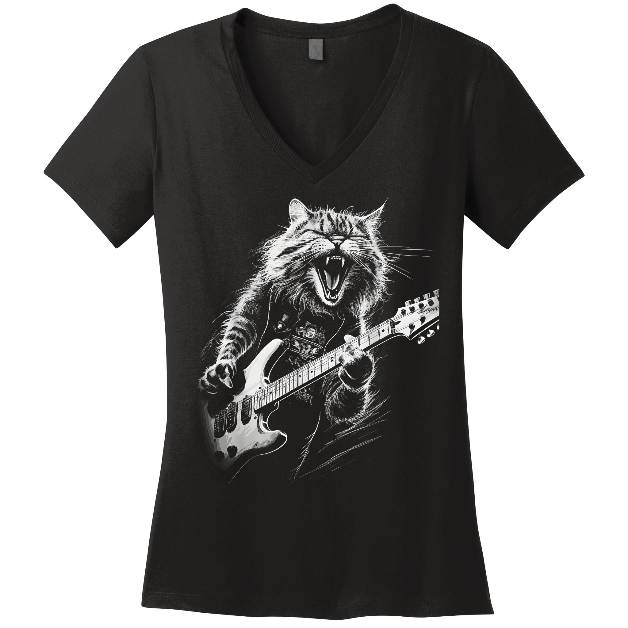 Rock Cat Playing Guitar Funny Guitar Cat Women's V-Neck T-Shirt