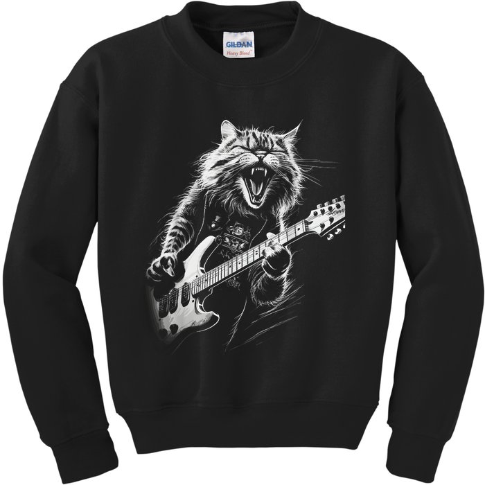 Rock Cat Playing Guitar Funny Guitar Cat Kids Sweatshirt