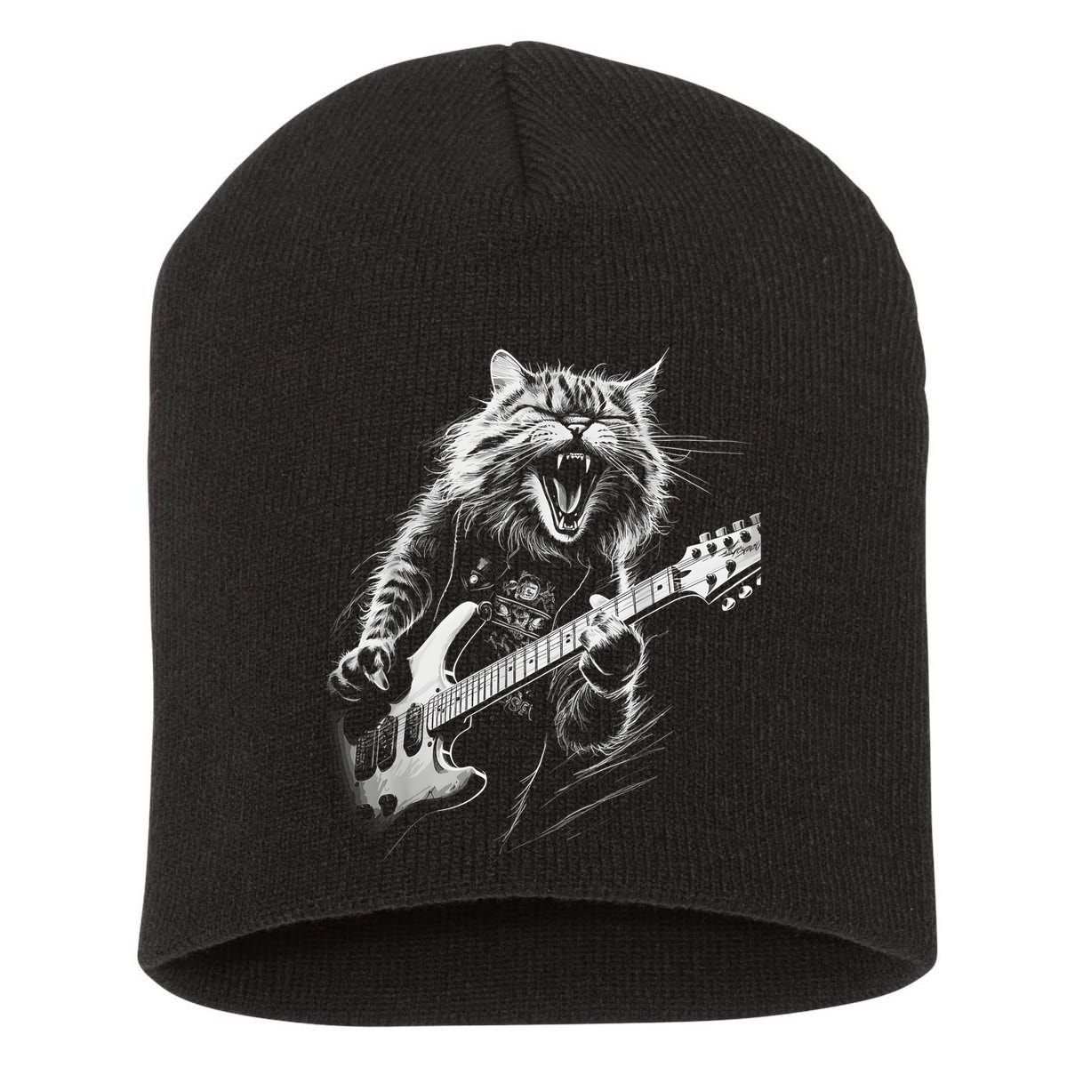 Rock Cat Playing Guitar Funny Guitar Cat Short Acrylic Beanie