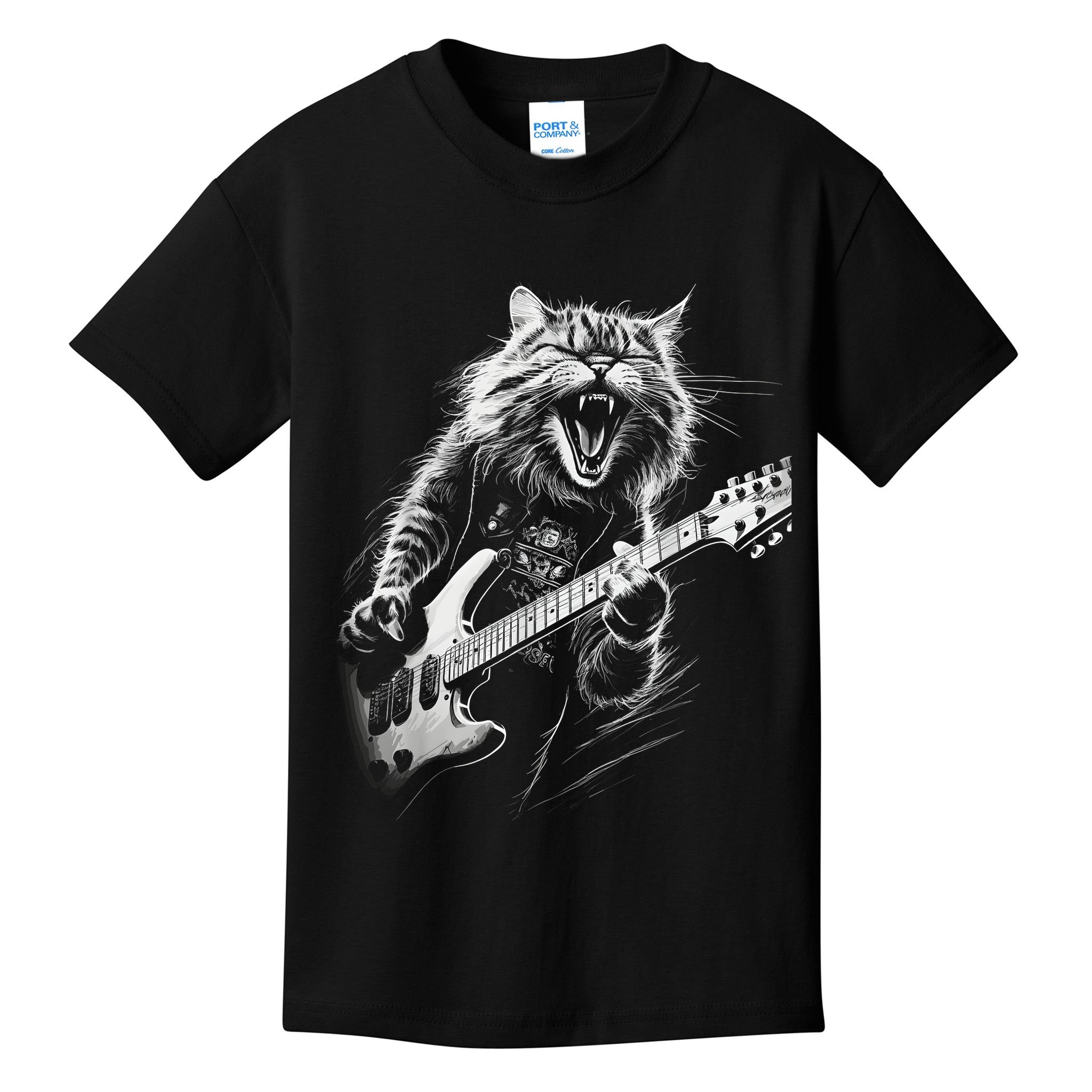 Rock Cat Playing Guitar Funny Guitar Cat Kids T-Shirt