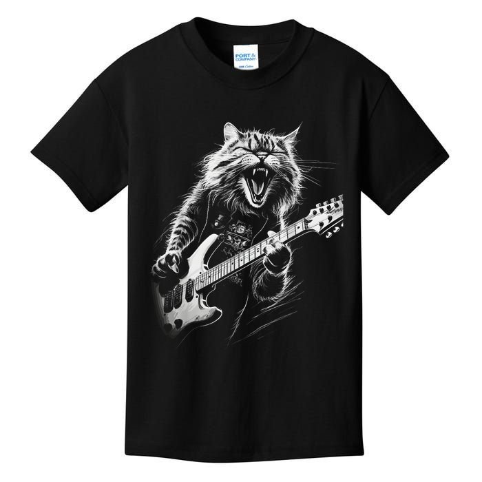 Rock Cat Playing Guitar Funny Guitar Cat Kids T-Shirt