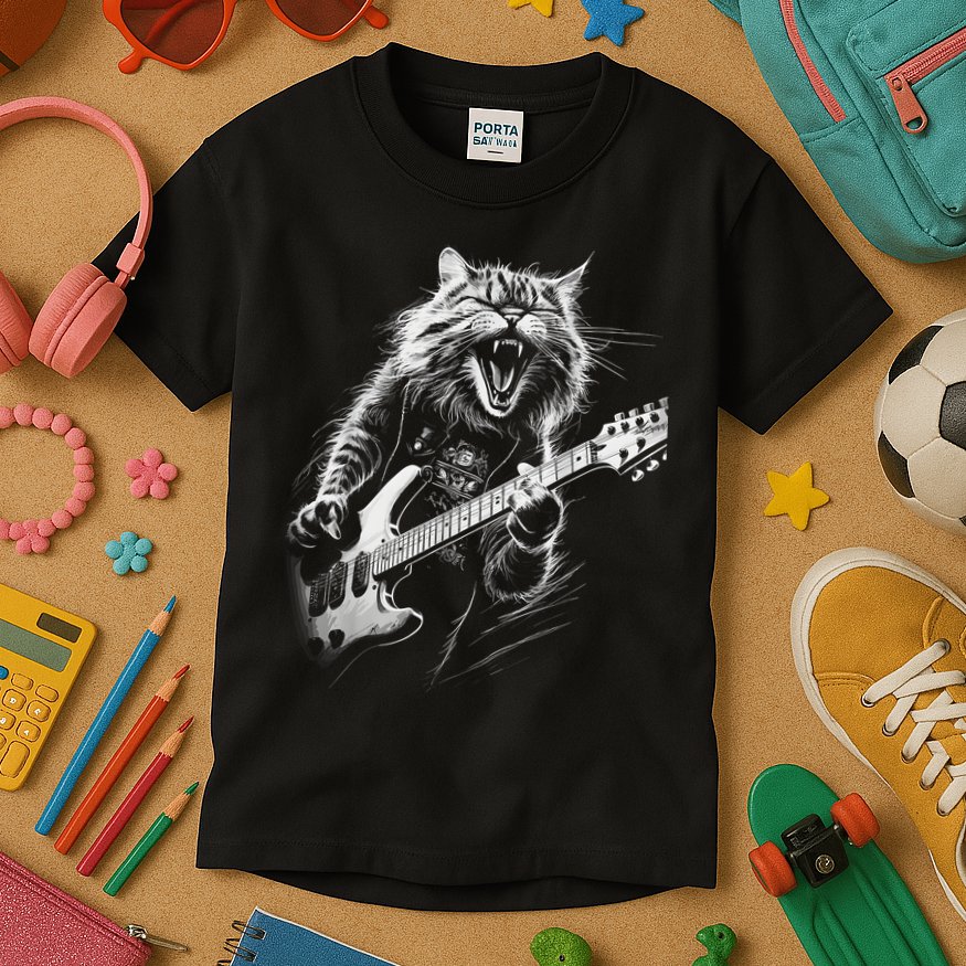 Rock Cat Playing Guitar Funny Guitar Cat Kids T-Shirt