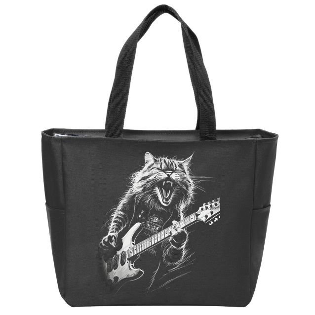 Rock Cat Playing Guitar Funny Guitar Cat Zip Tote Bag