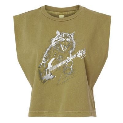 Rock Cat Playing Guitar Funny Guitar Cat Garment-Dyed Women's Muscle Tee