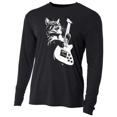 Rock Cat Playing Guitar Funny Guitar Cat Cooling Performance Long Sleeve Crew