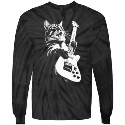 Rock Cat Playing Guitar Funny Guitar Cat Tie-Dye Long Sleeve Shirt