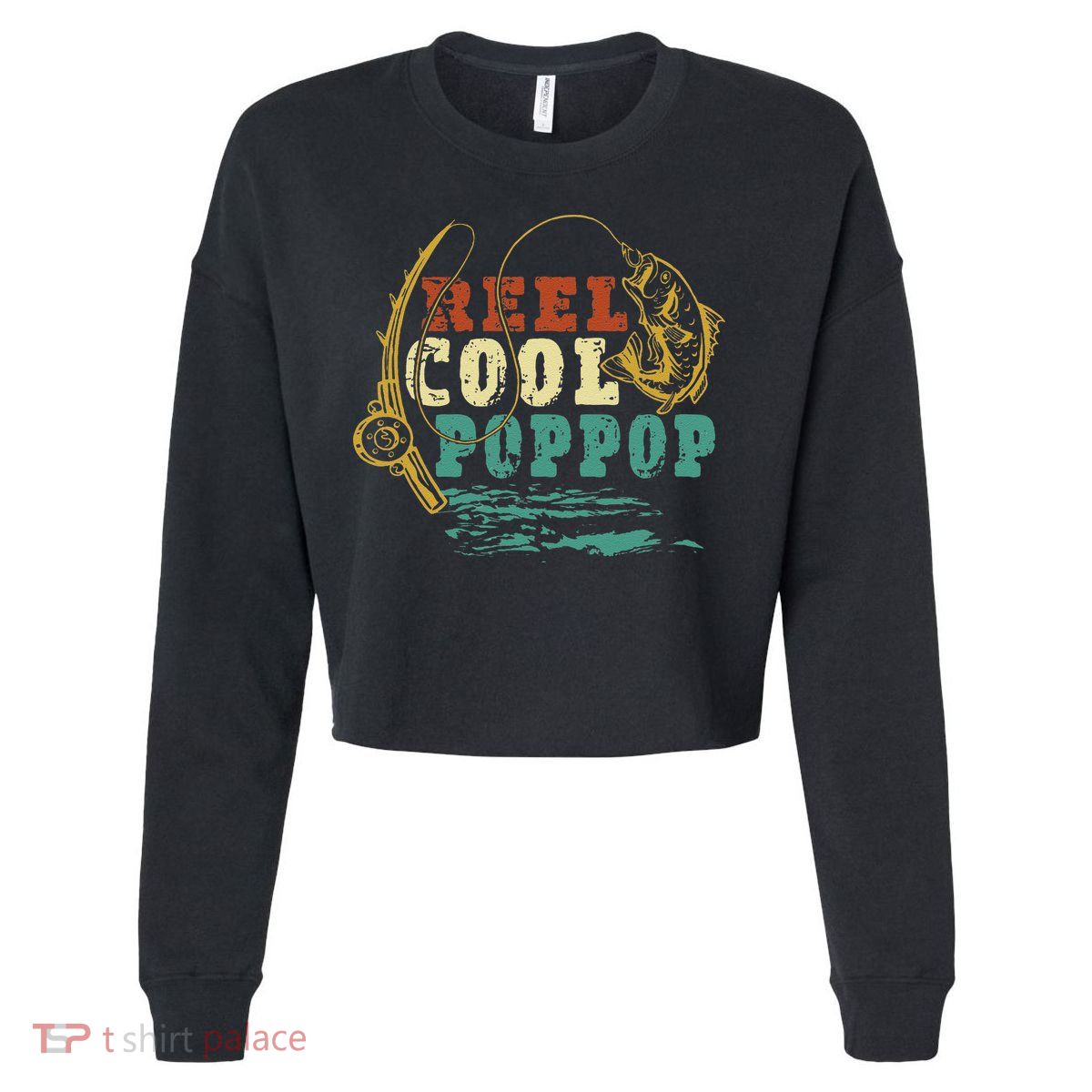 Reel Cool Poppop Vintage Fishing Funny Grandpa Fisherman Cropped Pullover Crew