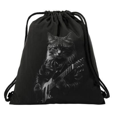 Rock Cat Playing Guitar Funny Guitar Cat Drawstring Bag