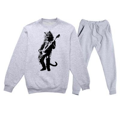 Rock Cat Playing Guitar Funny Guitar Cat Premium Crewneck Sweatsuit Set