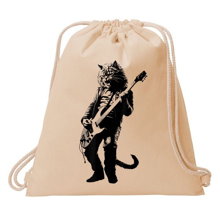 Rock Cat Playing Guitar Funny Guitar Cat Drawstring Bag