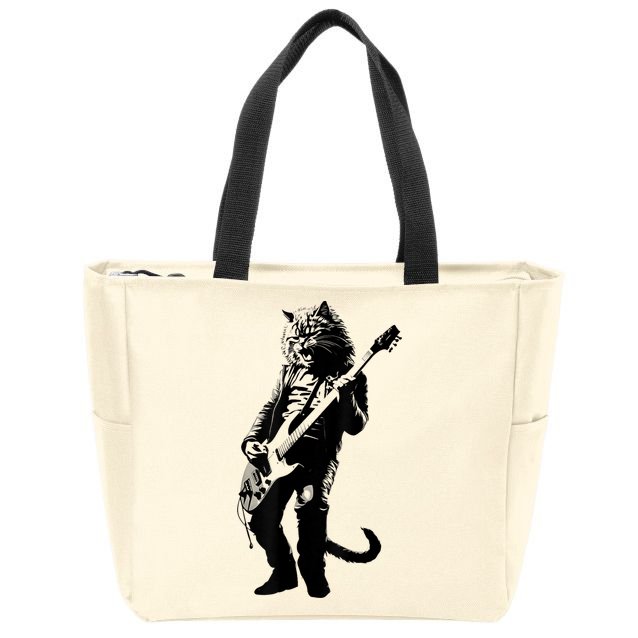 Rock Cat Playing Guitar Funny Guitar Cat Zip Tote Bag