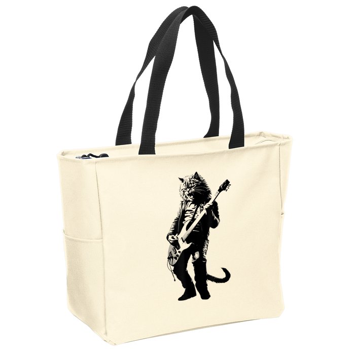 Rock Cat Playing Guitar Funny Guitar Cat Zip Tote Bag