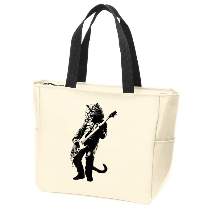 Rock Cat Playing Guitar Funny Guitar Cat Zip Tote Bag
