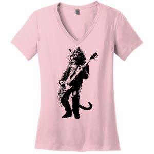 Rock Cat Playing Guitar Funny Guitar Cat Women's V-Neck T-Shirt