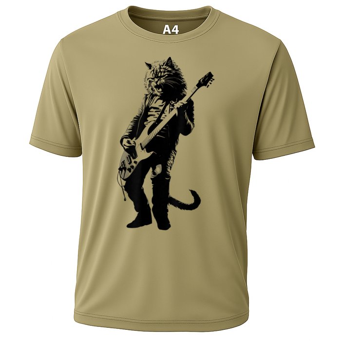 Rock Cat Playing Guitar Funny Guitar Cat Cooling Performance Crew T-Shirt