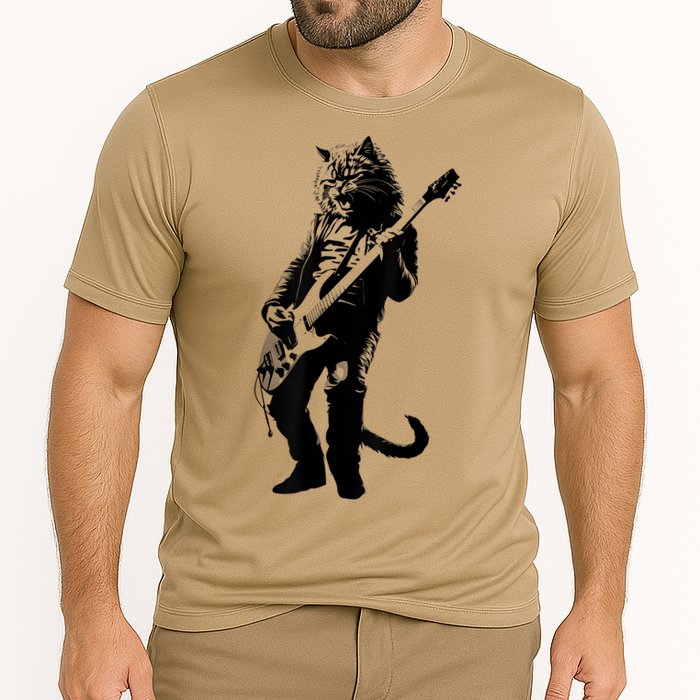 Rock Cat Playing Guitar Funny Guitar Cat Cooling Performance Crew T-Shirt