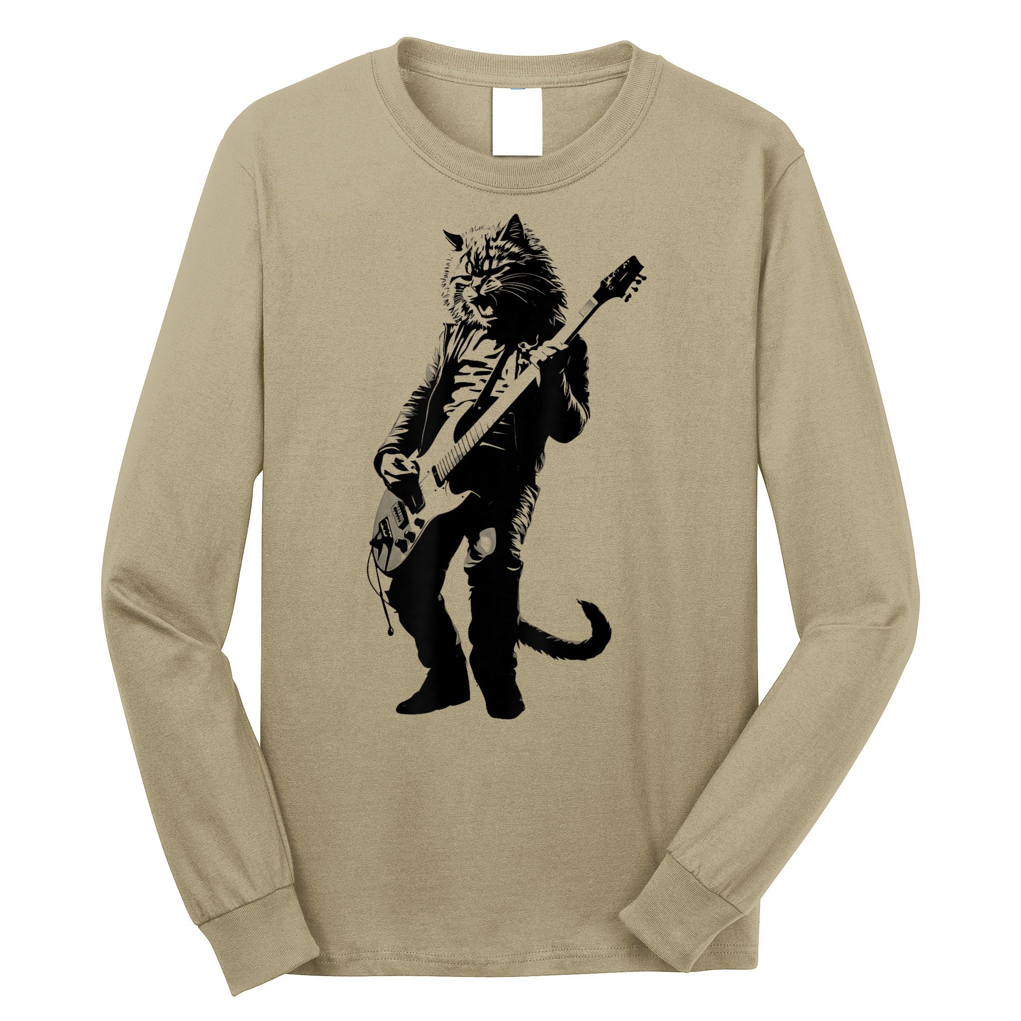 Rock Cat Playing Guitar Funny Guitar Cat Long Sleeve Shirt