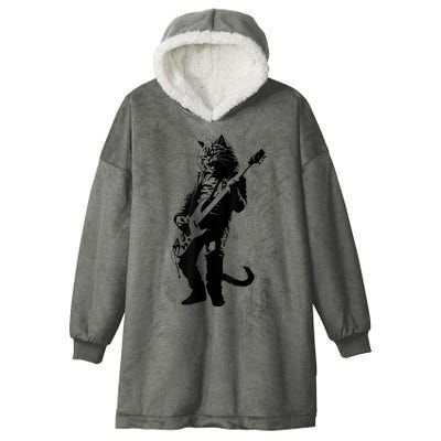 Rock Cat Playing Guitar Funny Guitar Cat Hooded Wearable Blanket