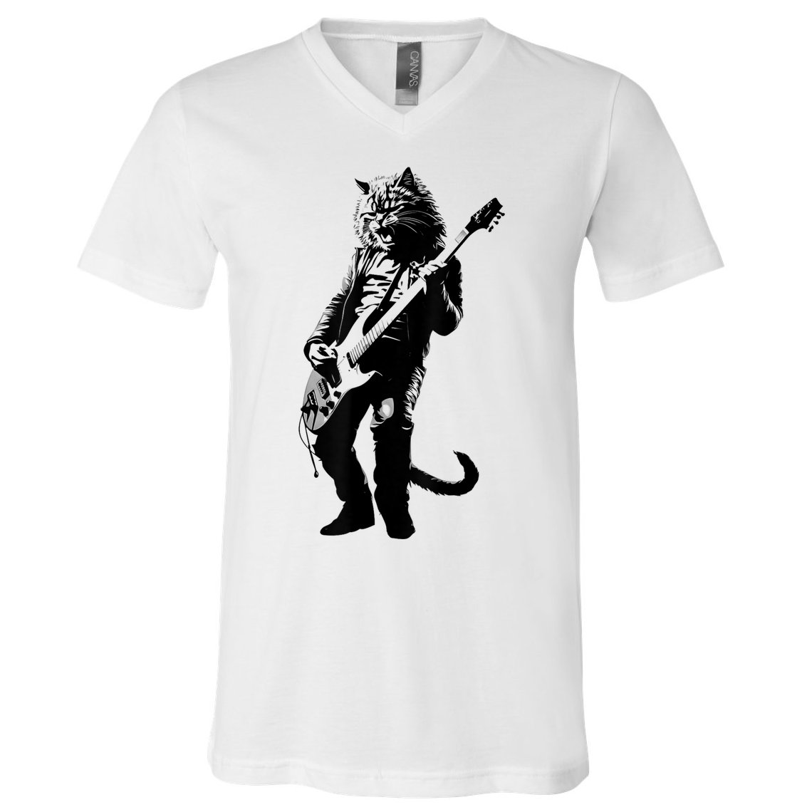 Rock Cat Playing Guitar Funny Guitar Cat V-Neck T-Shirt