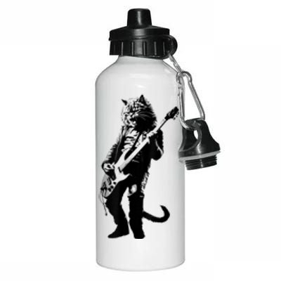 Rock Cat Playing Guitar Funny Guitar Cat Aluminum Water Bottle