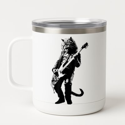 Rock Cat Playing Guitar Funny Guitar Cat 12 oz Stainless Steel Tumbler Cup