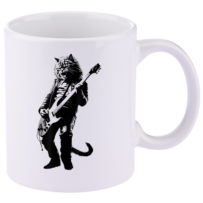 Rock Cat Playing Guitar Funny Guitar Cat 11oz C Handle Ceramic Mug