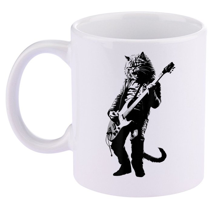 Rock Cat Playing Guitar Funny Guitar Cat 11oz C Handle Ceramic Mug